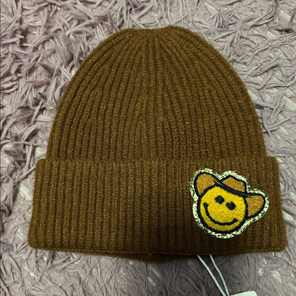 NWT Brown boutique Beanie with Smiley cowboy Patch